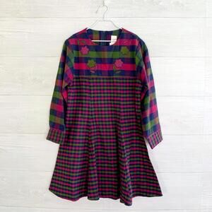 Vintage Ruth of Carolina - Magenta, green, and navy flannel shirt dress, sz 8